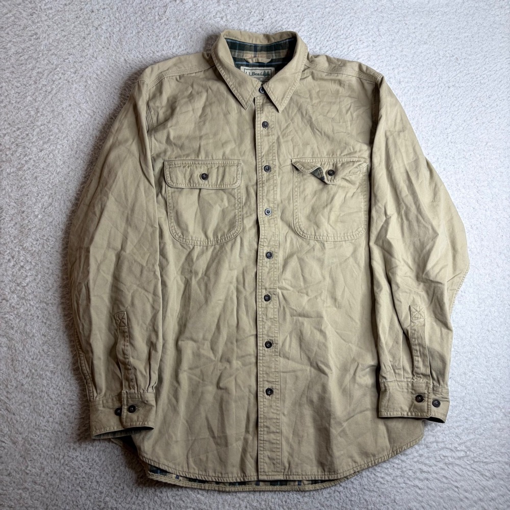 LL Bean Hurricane Shirt Mens Large Flannel Lined Khaki Tan Cotton 27864